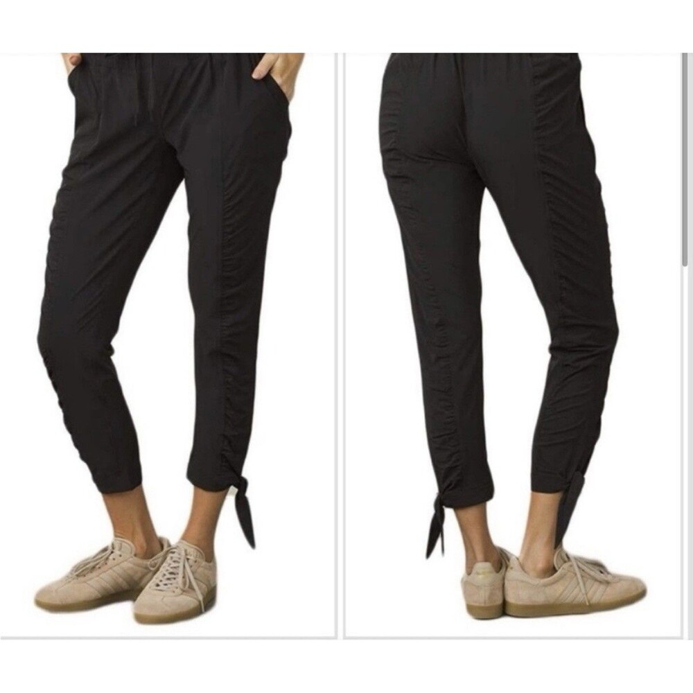 Prana Bindu Jogger Pants Women's L Black Ruched Tie Sides Lightweight Athleisure